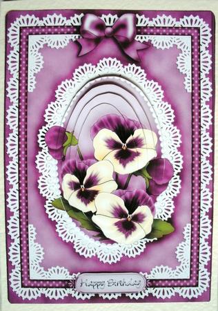 A5 Pansy, Lace and Pearls Quick Card with Pyramage by Kym Pendered