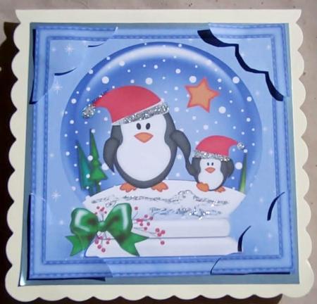 8 x 8 Xmas Penguins Snowglobe Scalloped Corner by Kym Pendered