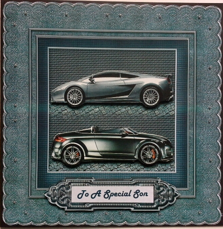 Cars in a Blue Frame 8in x 8in Decoupage by Laine HADLOW