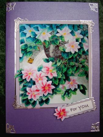 Camellias with Butterfly - Card Topper with Tumbling Decoupage by Laraine Spink