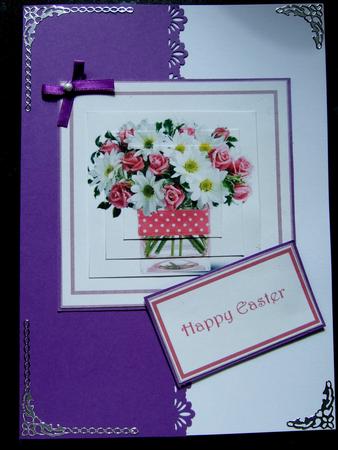 Floral Stacker Design Sheet with Backing Bottom. Glass Tank Vase Tied with Polka Dot Ribbon Filled with White Daisy Chrysanth and Pink Roses by Laraine Spink