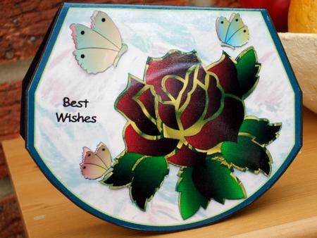 Red Rose & Butterflies Wobble Card (patterned Background) by Laraine Spink