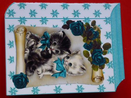 Cute Kittens with Turq Roses on a Scroll Folded Book by Laura Nicholls