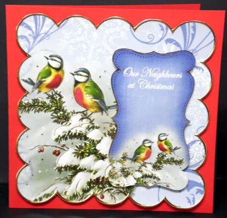 Bluetits Neighbours at Christmas 8in Scallop Topper by Laura Nicholls