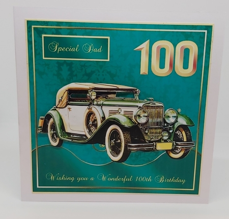 100th Birthday card front with Vintage MG & decoupage. Family tags by Lesley Duffy