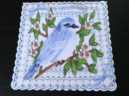 Pretty Blue Birds with Flowers with Bows on Lace 8x8 by Lesley Earing