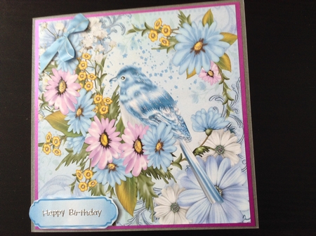 Pretty Bluebirds with Spring Flowers 8x8 by Lesley Earing