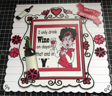 Lady in cerise, with  wine in heart ornate frame by Lesley Earing