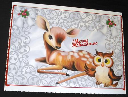 Cute Deer with Cute Owl in Silver Filigree Frame A4 by Lesley Earing