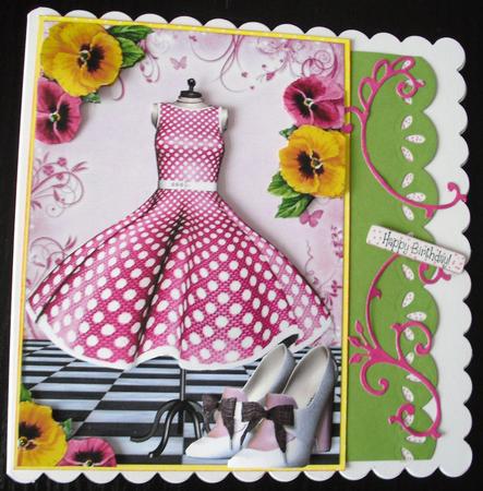 Pink Polkadot Dress with Shoes and Pansies A4 by Lesley Earing