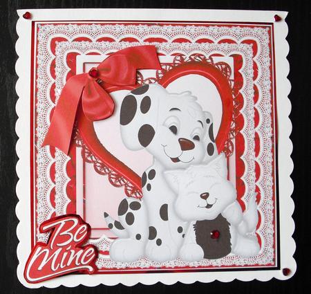 Puppy & Kitten on a Heart with Big Red Bow 8x8 by Lesley Earing