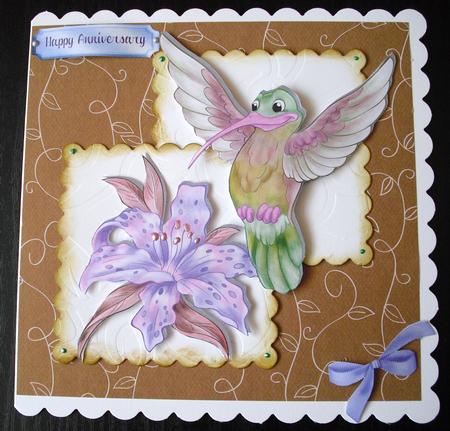 Pretty Humming Bird with Purple Lillies and Butterflies A4 by Lesley Earing