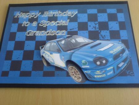 Subaru Impreza on Blue Background Decoupage by Lianne Elvidge