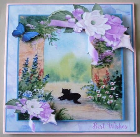 Cat and lilac flowers card topper with decoupage by Linda Fraser