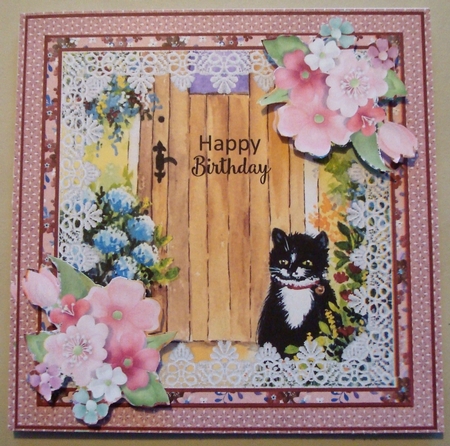 8x8 card topper Cat by the Door with floral decoupage by Linda Fraser