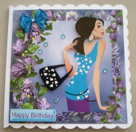 Trendy Girl with Lilac Roses, and Big Blue Bow 8x8 by Linda Fraser