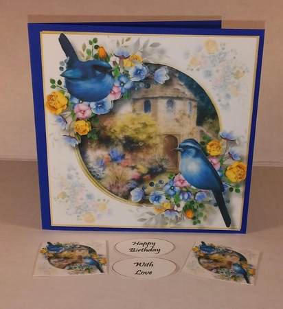 Blue Birds At The Dovecote 8x8 by Linda Garnett