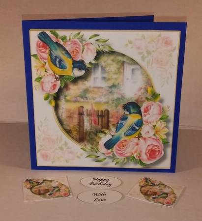 Bluetits At The Rose Cottage 8x8 by Linda Garnett