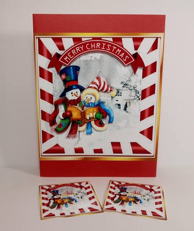 Snowman family in snow scene singing 8x8 card front by Linda Garnett