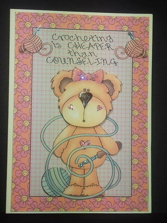 Crochet bear card front 1(American spelling) by Linda Greedy