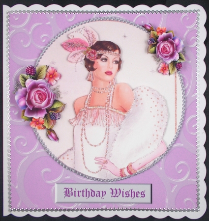 Art Deco female birthday card topper for 6x6 card with roses by Linda Short