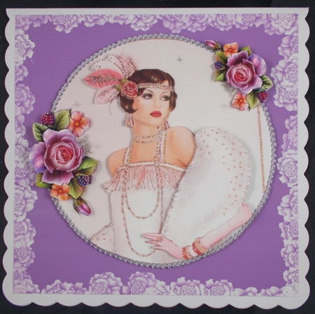 Art Deco female birthday card topper for 6x6 card with roses by Linda Short