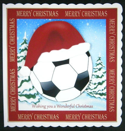 Christmas card front with football & Santa hat by Linda Short