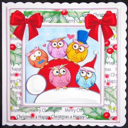 Cute owls sitting on santas hat with red bows 8x8 by Linda Short