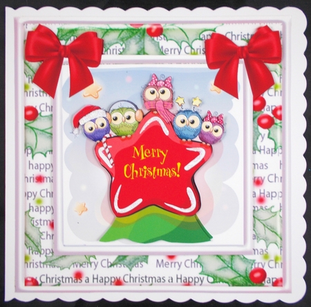Cute owls sitting on a star with red bows card front 8x8 by Linda Short