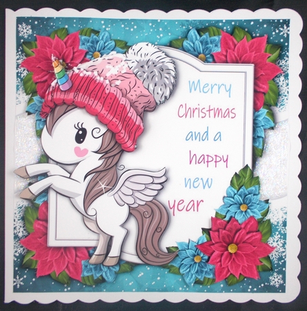 Merry Christmas Unicorn With Pink Bobble Hat 8x8 by Linda Short