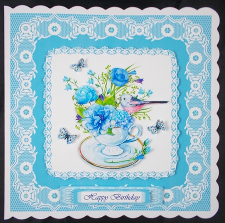 Lovely watercolor floral teacup birthday or get well topper (blue) by Linda Short