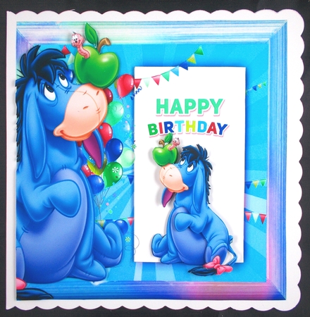 Cute Eeyore in Rainbow frame with balloons 8x8 by Linda Short
