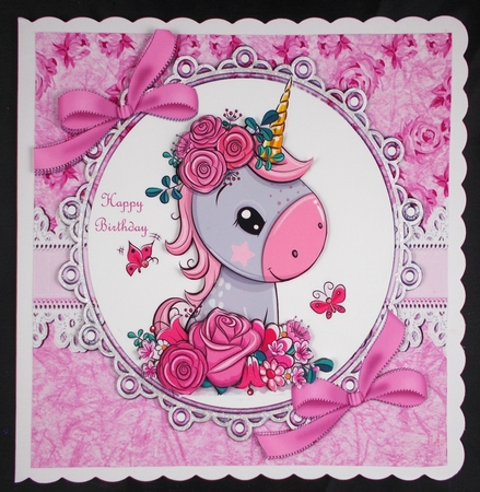 Pretty unicorn with pink bows, roses and lace 8x8 by Linda Short