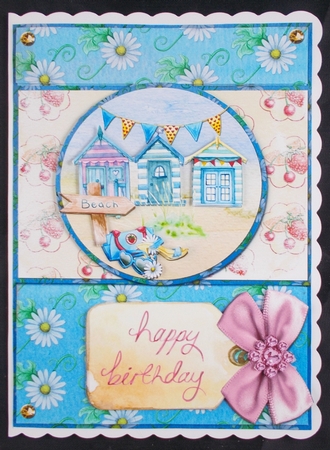 A5 Summer Seaside Card with Decoupage Bow and Sentiment Tags, Blue/Yellow by Linda Short
