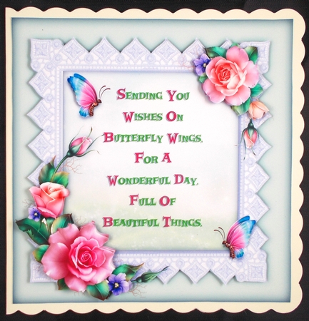 Roses Butterflies & Lace 7.5 x 7.5 Card Topper With Decoupage by Linda Short