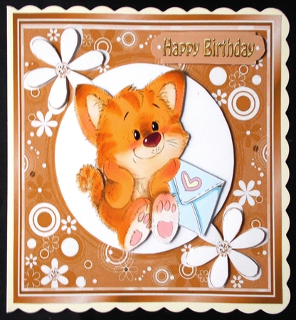 Cute ginger kitty with gold bow in floral 7x7 frame by Linda Short