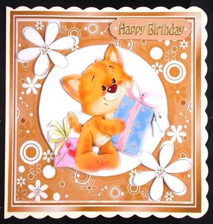 Cute ginger kitty with blue bow in floral 7x7 frame by Linda Short