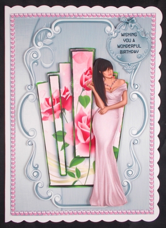 Deco Beauty Pink Roses - A5 card front with decoupage by Linda Short