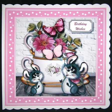 Cup of flowers with butterflies and cheeky mice by Linda Short