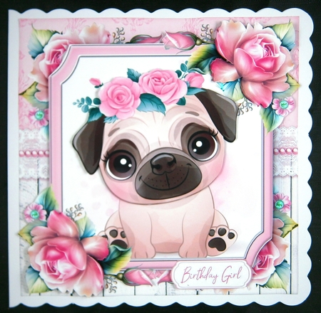 Cute Pug With Pink Roses 7x7 by Linda Short