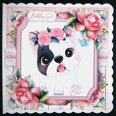 Cute French Bulldog With Pink Roses 7x7 by Linda Short