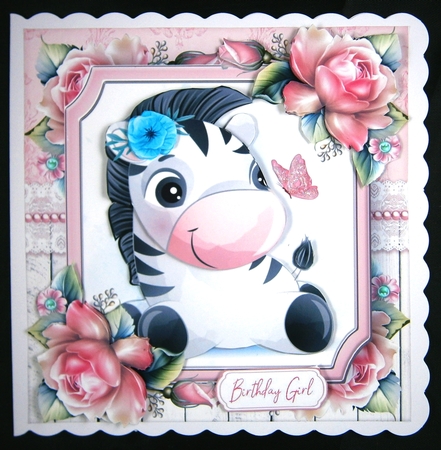 Cute Zebra Bulldog With Pink Roses 7x7 by Linda Short