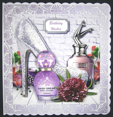 Shoes, perfume and flowers in silver and lilac by Linda Short