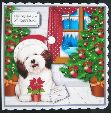Dog with poinsettia Christmas card topper by Linda Short