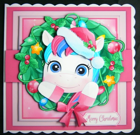 Cute Festive Unicorn In Wreath 7x7 by Linda Short