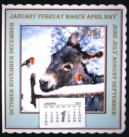 Cute donkey in the snow with robins  7x7 with pyramids by Linda Short