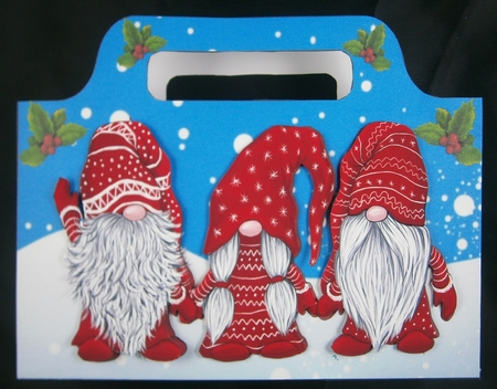 Pretty tote  bag  with gnomes in red with holly  in a snow scene by Linda Short