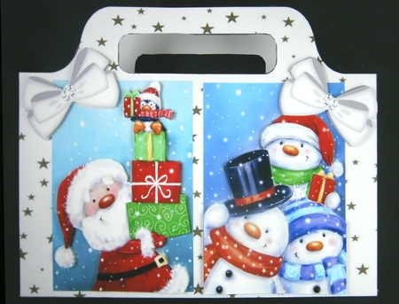Lovey tote bag/box with gold stars and snowmen /santa with bows by Linda Short