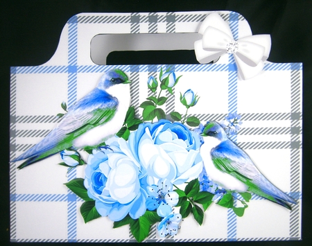 blue roses, blue gingham and pretty birds tote gift bag by Linda Short
