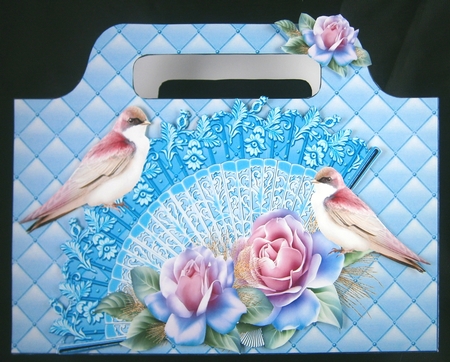 blue quilted tote gift bag with lace fan roses and birds by Linda Short